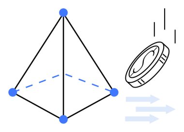 Geometrik piramit yapısı yere düşen bozuk para ve ileriye bakan oklarla birbirine bağlı. Finans, yatırım, karar verme, denge, yapı, ilerleme ve basitlik için ideal