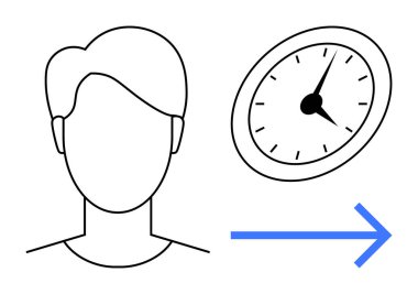 Baş taslak, keskin elli saat, ve sağdaki mavi ok zaman yönetimi, ilerleme ve verimliliği gösteriyor. Üretkenlik, hedef belirleme, zamanlama ve iş akışı süreleri için ideal