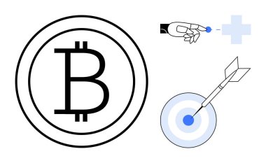 Bitcoin logosu, robotik el çapraz temas, ok hedefi vuruyor. Kripto para birimi, kesinlik, yenilik, finans, teknoloji sağlık stratejisi için idealdir. Basit bir düz olarak soyut minimal biçim