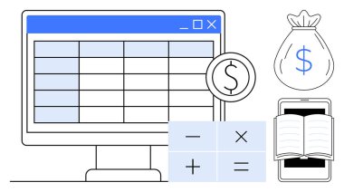 Bilgisayar ekranında gösterilen hesap tablosu, matematik işlemleri olan hesap makinesi dolar işareti olan çanta, açık kitap gösteren akıllı telefon. Finans, muhasebe, bütçe, para yönetimi ve dijital için ideal