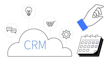 CRM yazılı bulut, ampul, alışveriş arabası, konuşma balonları, vites simgeleri, el hareketi ve takvim. Takım çalışması, organizasyon iletişim teknolojisi yenilik yönetimi planlaması için ideal