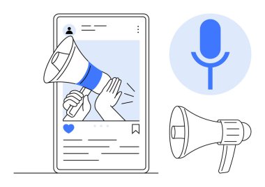 Sosyal medya iletisini megafonla gösteren telefon ekranı duyuruyu, sosyal yardımı ya da tanıtımı sembolize ediyor. Yakın mikrofon simgesi sesi, podcast 'i veya ses kavramlarını geliştirir. Pazarlama için ideal