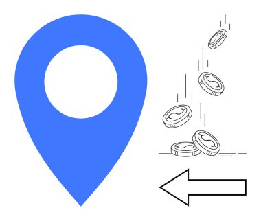 Yön işaretinin yanına bozuk paraların düştüğü mavi yer. Haritalar, finans, e-ticaret, nakit akışı, yatırım, navigasyon ve bankacılık kavramları için ideal. Basit düz metafor
