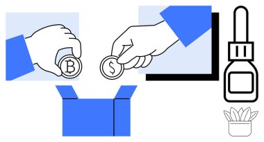 Bitcoin ve dolar tutan eller, açık kutu, kart okuyucu, bitki. Finans, ecommerce, yenilik, yatırım dijital ticaret ödeme sistemleri için idealdir. Basit düz metafor