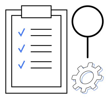 Kontrol listeli pano, büyüteç ve görev yönetimi, analiz, iş akışı ve gelişmeyi sembolize eden ekipman. Üretkenlik, planlama, takım çalışması strateji verimliliği için ideal