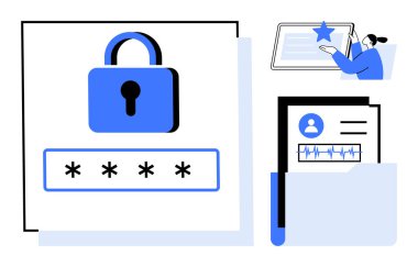Maskeli parola girişi ile kilitlenmiş asma kilit, dizinde kullanıcı profili belgeleri, dijital belgeyi doğrulayan kişi. Veri gizliliği, güvenli erişim, siber güvenlik, kimlik doğrulama, uyum için ideal