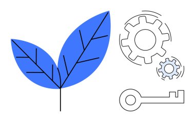 Mavi yaprak, dişliler ve anahtar ekolojik ilerlemeyi, yeniliği ve verimliliği simgeleyen minimalist grafik. Sürdürülebilirlik, teknoloji, çözümler, büyüme ekolojisi ve yeşil enerji temaları için ideal