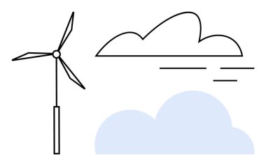 Rüzgar türbini bulutlara ve minimalist çizgilere karşı, yenilenebilir enerji, çevre dostu çözümler ve sürdürülebilirliği temsil ediyor. Yeşil enerji, çevre, teknoloji, iklim değişikliği için ideal