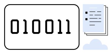 Ekrandaki ikili haneler, belge dosyaları ve veri depolama, bulut hesaplama, kodlama, programlama, dijital dönüşüm, dosya yönetimi, basit düz metafor için ideal bir bulut simgesi