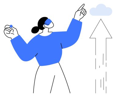 Yükselen oku ve bulutu işaret eden kadın büyümeyi, yeniliği ve arzuyu sembolize ediyor. İş, hırs, teknoloji, motivasyon hedefleyici vizyon gelişimi için idealdir. Basit düz metafor