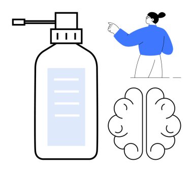 Pompa başlıklı sprey şişesi, akıl sağlığını simgeleyen beyin çizimi ve işaret eden bir insan figürü. Hijyen, odaklanma, yenilik, öğrenme, refah, gelişim için ideal düz metafor