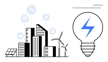 Güneş panelleri ve rüzgar türbinleriyle çalışan modern binalar, bağlantı ve yenilikleri temsil eden ikonlarla çevrili. Sürdürülebilirlik, enerji, teknoloji, akıllı şehir, çevre, yeşil