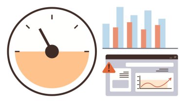 Hız göstergesi, çubuk grafiği ve uyarı alarmıyla analitik arayüzü. Performans, izleme, analitik, istatistik, veri görselleştirme işi ve üretkenlik için idealdir. Basit düz