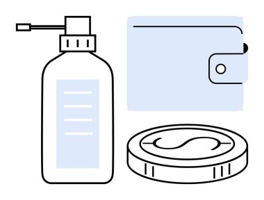 Tokalı cüzdan, büyük bozuk para ve pompa şişesi. Bütçe, kişisel finans, ödeme, tasarruf, tüketim ve ekonomik sorumluluk için ideal. Basit düz metafor