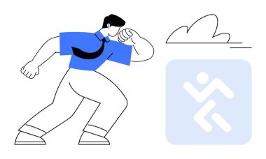 Harekette öne doğru eğilen dinamik karakter, çalışan bir ikon ve soyut bulut arasında poz veriyor. Motivasyon, liderlik, büyüme, enerji, ilerleme, kararlılık ve başarı için ideal. Basit düz metafor