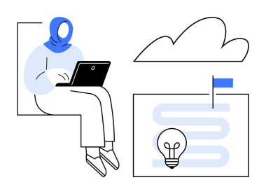 Laptop kullanan, odaklanmayı ve üretkenliği temsil eden, soyut bir yol olan ampul ve hedef bayrağıyla birlikte, bir bulutun altında. Yenilik, teknoloji, eğitim, hedefler, strateji uzak çalışma için ideal