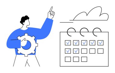 Elinde teçhizat tutan kişi, yukarı doğru bakan, işaretli takvimin yanında. Planlamayı, verimliliği, uygulamayı, başarıyı temsil eder. Takım çalışması, organizasyon iş akışı verimliliği için ideal zaman