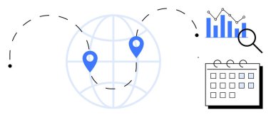 Noktalı çizgilerle birleştirilmiş lokasyon iğneleriyle birleştirilmiş dünya haritası, analiz ile büyütülmüş bar tablosu ve bir takvim. Lojistik, planlama, küresel işbirliği, zamanlama yönetimi ve analitik için ideal