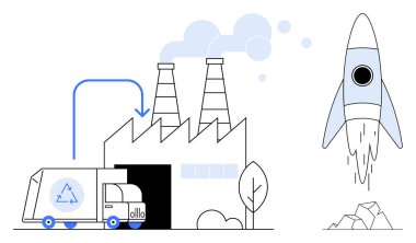 Yakında roket fırlatılan kamyondan fabrika işleme malzemeleri, dönüşümü, yeniliği ve sürdürülebilirliği sembolize ediyor. Ekoloji, endüstri, teknoloji, büyüme, ilerleme için ideal