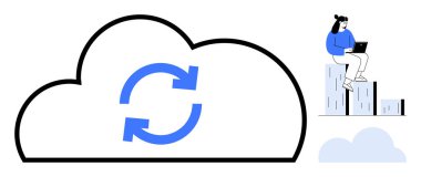 Senkronize oklu büyük bulut, veri sütunlarında oturan bir kadın dizüstü bilgisayar kullanıyor, daha küçük bulut. Bulut hesaplama, veri yedekleme, ağ oluşturma, dijital iş akışı, uzaktan çalışma, basit analizler için ideal