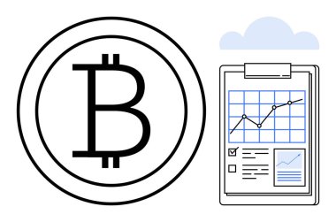 Panonun yanında bitcoin logosu. İçinde büyüme çizelgesi, onay kutuları ve veri analizi var. Kripto para birimi, engelleme zinciri, fintech, yatırım stratejisi, finansal planlama, ticaret pazar analizi için ideal