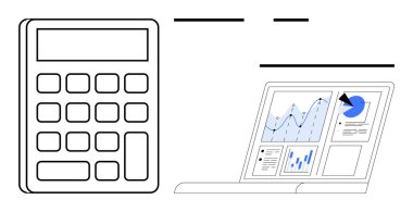 Dizüstü bilgisayar ekran çizelgeleri, grafikler ve analitik panellerin yanında hesap makinesi. Finans, muhasebe, iş stratejisi, veri analizi, planlama, eğitim araştırması için ideal
