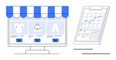 Satış analizlerini gösteren bir panoyla birlikte giysi ve çanta vitrinli bilgisayar ekranı. E-ticaret, veri analizi, pazarlama, iş stratejisi, alışveriş, perakende için ideal