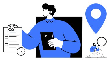 Elinde saat, işaret ve büyüteçle tablet ve kontrol listesi tutan adam. Zaman yönetimi, verimlilik, planlama, navigasyon, organizasyon, hedef izleme verimliliği için idealdir. Basit düz