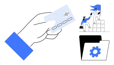 Çipli bir kredi kartı, iş arkadaşının merdivenleri tırmanmasına yardım eden bir lider ve dişli klasörü. Takım çalışması, finans, liderlik, üretkenlik, işbirliği, yönetim için ideal düz metafor
