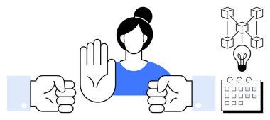 Kadın duraklama ya da durmayı belirtmek için elini kaldırıyor, elleri uyuşmazlık içinde, zincirleme yapı, fikir ampulü ve takvim. Çatışma çözümü, takım çalışması, yenilik ve dijital teknoloji için ideal