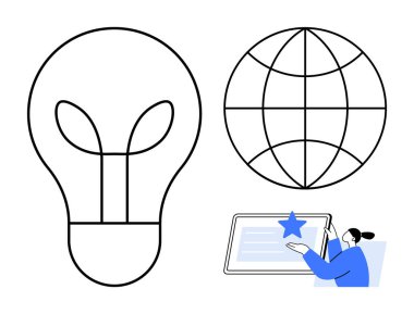 Fikirler için ampul, bağlantı için küre, teknoloji için tabletle etkileşim içinde olan insan. Yaratıcılık, yenilik, küresel ulaşım, eğitim, dijital öğrenme teknolojisi ekip çalışması için idealdir. Basit.