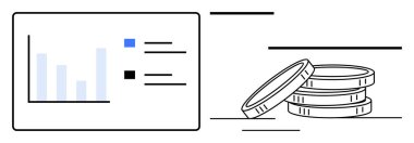 Ekrandaki çubuk grafik, mali büyüme, veri analizi, kar artışı, yatırım, gelir takibi, tasarruf ve ekonomiyi temsil eden bozuk paralarla birlikte. Analiz ve planlama için ideal