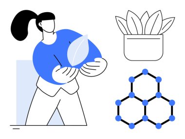 Büyük yaprak tutan kadın, yapraklı saksı bitkisi ve sürdürülebilirliği, biyolojiyi ve çevre dostu uygulamaları temsil eden moleküler diyagram. Çevre, bilim, ekoloji, yenilik yeşili için ideal