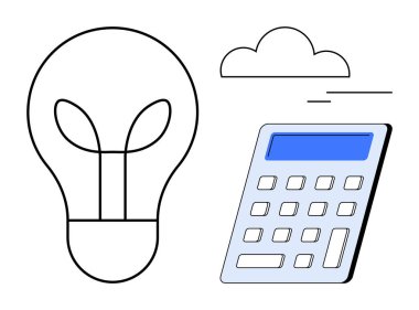 Büyük ampul, bulut ve temiz çizgileri olan hesap makinesi. Yaratıcılık, teknoloji, yenilik, problem çözme, bulut hesaplama dijital araçları ve eğitim için idealdir. Basit düz metafor
