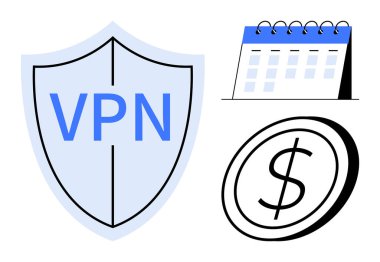 Siber güvenliği sağlayan VPN metin kalkanı, abonelik planlarını gösteren takvim ve ödemeyi yansıtan dolar sembolü. Veri koruması, çevrimiçi mahremiyet, mali güvenlik ve teknoloji için ideal