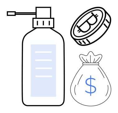 Pompa şişesi, Bitcoin madeni para ve dolar işaretli para çantası dijital para birikimini, mali tasarrufu, yatırımı, engelleme eğilimlerini, ticareti, pasif geliri ve modern ekonomiyi temsil ediyor. Basit bir daire.