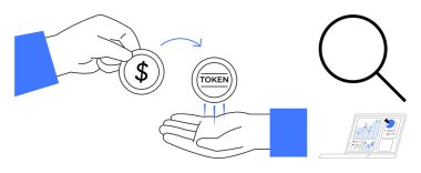 Dijital jetonla el değişimi, analiz için büyüteç, veri gösteren dizüstü bilgisayar. Tokenizasyon, finans, kripto para birimi, blok zinciri, yatırım, veri analizi için ideal