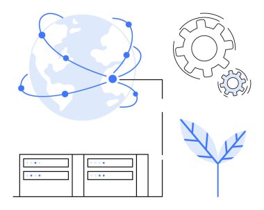 Bağlantı düğümleri, vites simgeleri, veri sunucuları ve yaprak illüstrasyon teknolojisi, bulut hesaplaması, sürdürülebilirlik, verimlilik, yenilik, küresel ağlar ve basit yollarla çevre dostu çözümlere sahip dünya