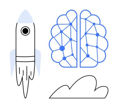 Roket gelişimi simgeliyor, sinirsel beyin yapay zeka sergiliyor, ve bağlantı için bulut. Teknoloji, yapay zeka, yenilik, girişimcilik, bulut hesaplama, ilerleme girişimi için ideal