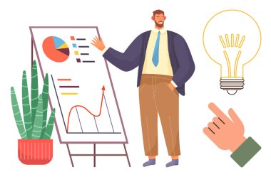 Çizelgede profesyonel veri sunumu, büyüme analitiği, parlak ampul ve işaret eden elin yanında. Ticari büyüme, yenilik, takım çalışması, strateji ve liderlik için ideal