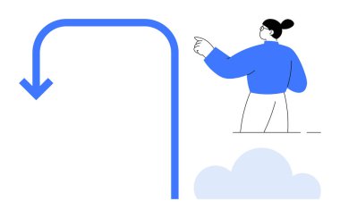 Mavili kişi, kalın eğri bir okun ve alttaki bulutun yanında öne bakıyor. Navigasyon, rehberlik, karar verme, liderlik, ilerleme, strateji, planlama için ideal. Basit bir düz metafor.