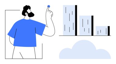 Veri çubuğu grafiğini gösteren adam, depolamayı ve analizi sembolize eden bulut simgesi. Veri görselleştirme, teknoloji, yenilik, üretkenlik, analiz, iş ekibi çalışması için idealdir. Basit düz metafor