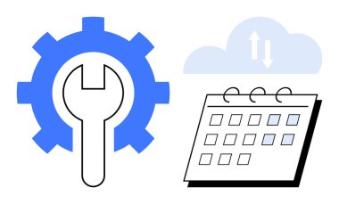 İngiliz anahtarlı vites, oklu bulut ve takvim zamanlamayı, veri senkronizasyonunu, bakım, bulut hizmetleri, planlama, üretkenlik ve düzenli iş akışını simgeler. Yazılım için ideal