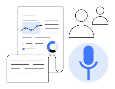 Bir mikrofon ve kullanıcı simgelerinin yanında çizelgeler, grafikler ve metinler. Analiz, iletişim, takım çalışması, işbirliği, bilgi paylaşımı ve sunumlar için ideal. Basit.