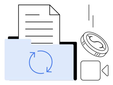 Senkronizasyon okları, belge, para birimi ve çalma düğmesi olan dosya dizini. Dosya paylaşımı, bulut depolama, veri transferi, finans, dijital iş akışı otomasyonu için ideal basit düz metafor