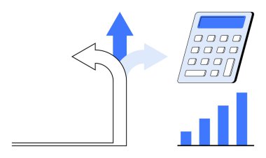Düğmeli hesap makinesi, seçenekleri temsil eden farklı oklar, başarıyı simgeleyen büyüme çizelgesi. Finans, strateji, analitik, planlama, bütçe, basit bir dairede ilerleme fırsatı için ideal