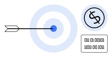 Ok delici hedef merkezi, dolar işaretli daire, ikili sayılar. Strateji, finans, hedefler, odaklanma, doğruluk, başarı dijital ekonomi basit düz metafor