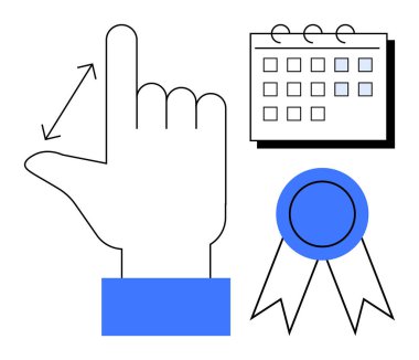 Ölçüm jestini gösteren el işaretleri, çizelge takvimi, başarıyı simgeleyen mavi kurdele. Planlama, teslim tarihi, başarı, organizasyon, ödüller, motivasyon için ideal basit düz metafor