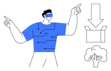 Devre tasarımı öne bakan VR kulaklık takan adam, indirme oku olan kutu ve ağaç simgesi. Teknoloji, yenilik, sanal deneyim, geri dönüşüm, doğa, gelecekçilik ve dijital için ideal