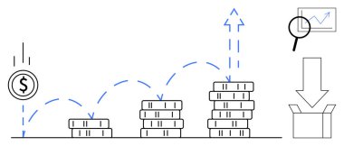 Yığılan bozuk paralar, büyümeyi gösteren bir ok, bir grafiğin üzerindeki büyüteç ve kazanç sağlayan bir açık kutu ile birlikte yükselir. Finans, yatırım, gelir büyümesi, gelir analizi ve kâr için ideal